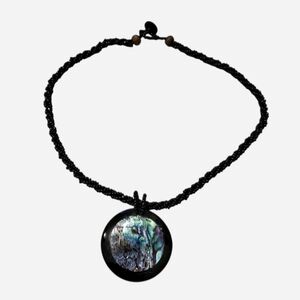 Vintage Iridescent Abalone & Black Acetate Pendant Necklace
